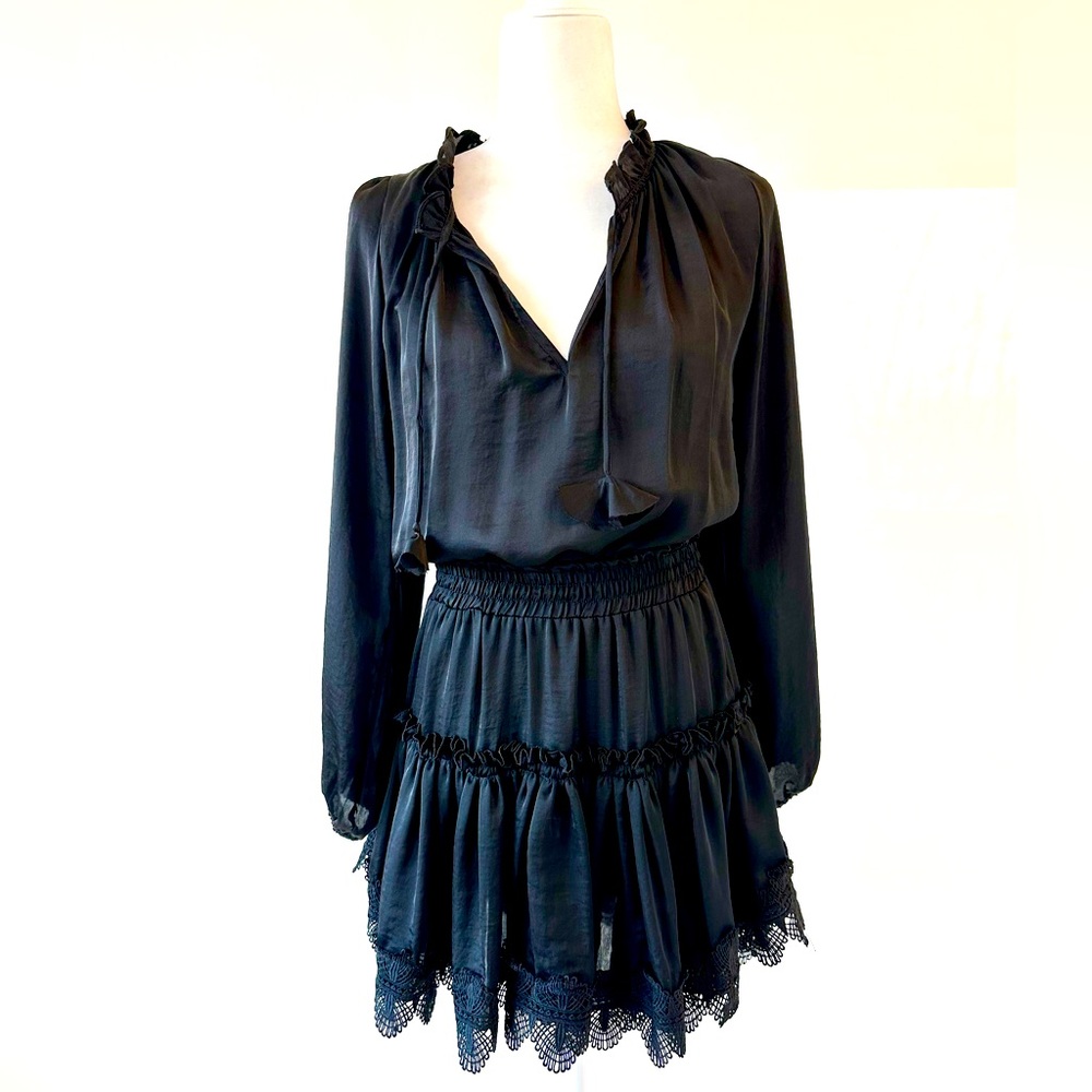 Revolves MISA Black tiered Dress with Elegant Black Lace Detailing.
